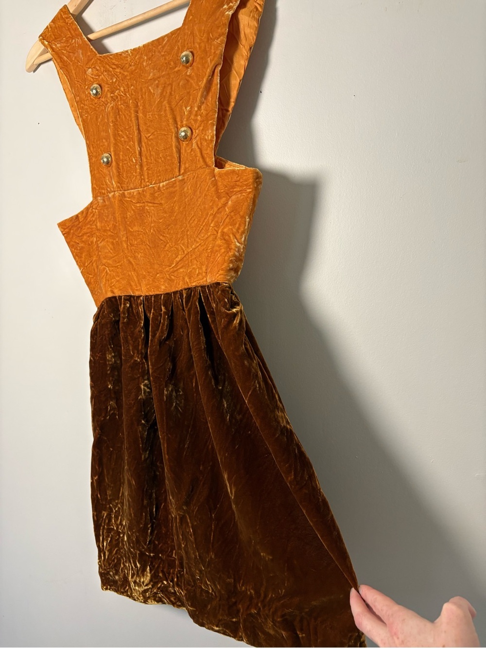 Vintage Early 1970s Mustard Yellow & Brown Velvet Pinafore Jumper Dress 70s